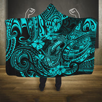 Hawaii Fish Hook Hooded Blanket Hibiscus Hawaii Tribal Tattoo Turquoise Version LT01 One Size Turquoise - Polynesian Pride