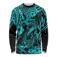 Hawaii Fish Hook Long Sleeve Shirt Hibiscus Hawaii Tribal Tattoo Turquoise Version LT01 Unisex Turquoise - Polynesian Pride