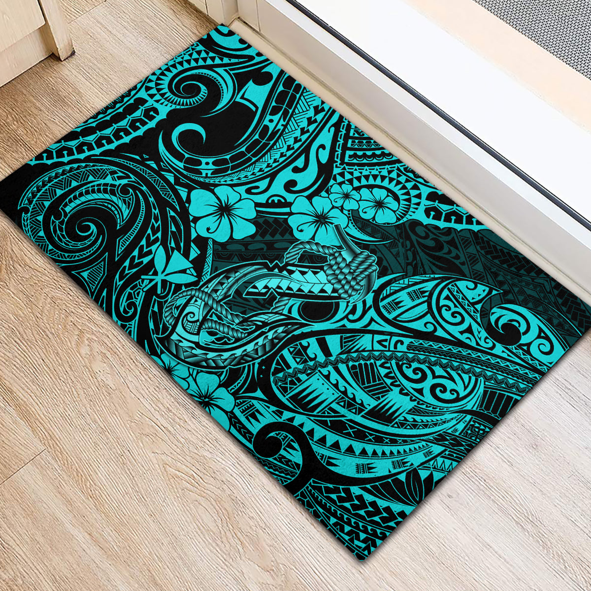 Hawaii Fish Hook Rubber Doormat Hibiscus Hawaii Tribal Tattoo Turquoise Version LT01 - Polynesian Pride