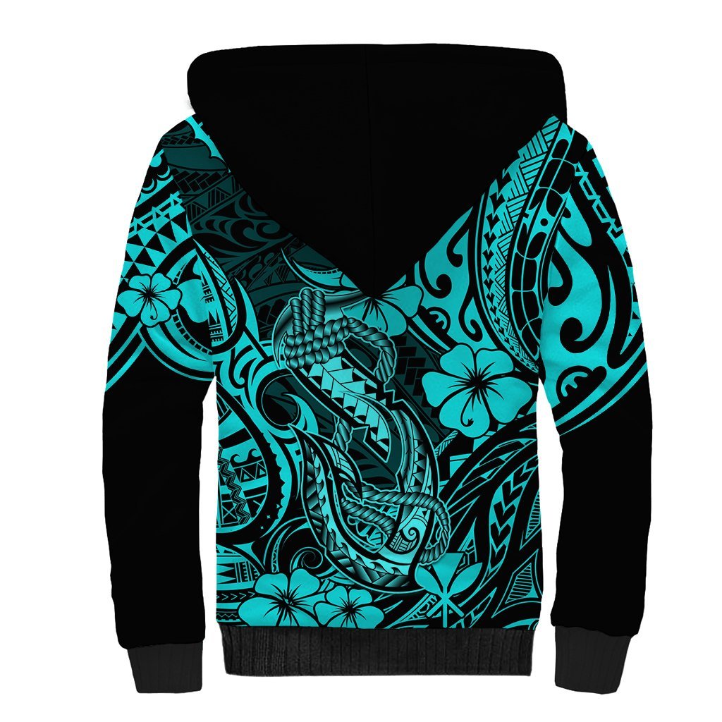 Hawaii Fish Hook Sherpa Hoodie Hibiscus Hawaii Tribal Tattoo Turquoise Version LT01 - Polynesian Pride