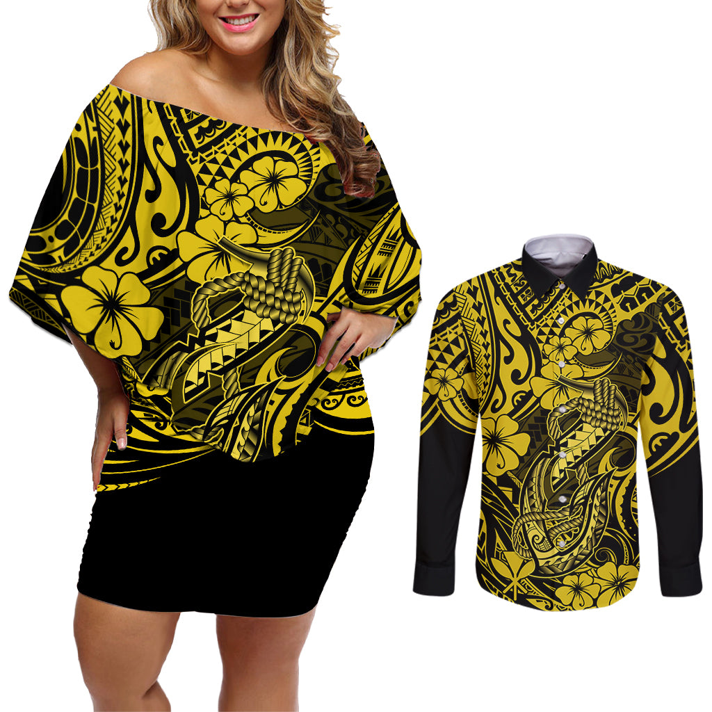 Hawaii Fish Hook Couples Matching Off Shoulder Short Dress and Long Sleeve Button Shirts Hibiscus Hawaii Tribal Tattoo Yellow Version LT01 Yellow - Polynesian Pride