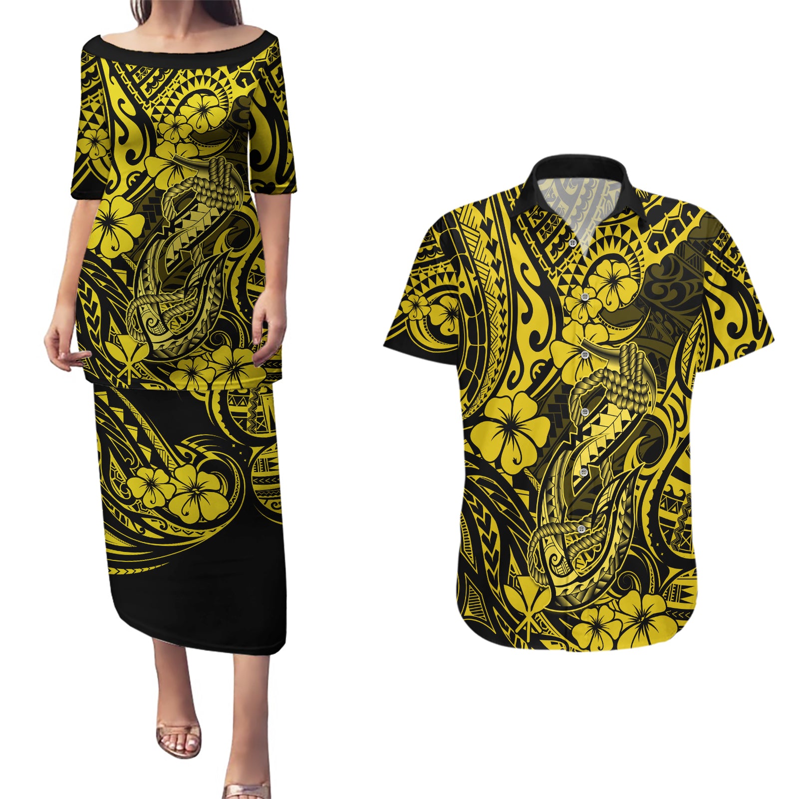 Hawaii Fish Hook Couples Matching Puletasi Dress and Hawaiian Shirt Hibiscus Hawaii Tribal Tattoo Yellow Version LT01 Yellow - Polynesian Pride