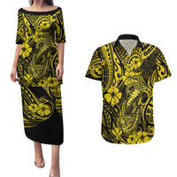 Hawaii Fish Hook Couples Matching Puletasi Dress and Hawaiian Shirt Hibiscus Hawaii Tribal Tattoo Yellow Version LT01 Yellow - Polynesian Pride