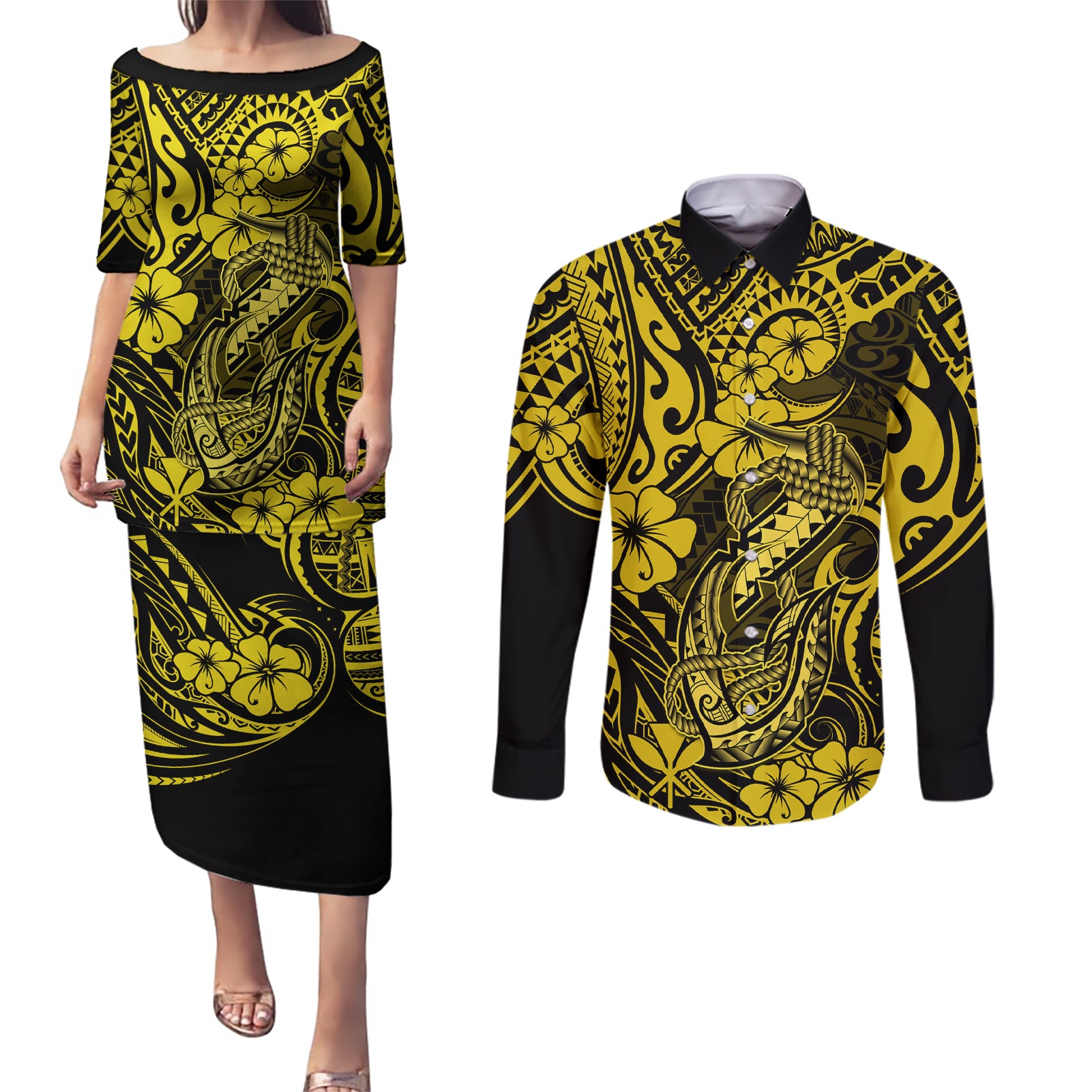 Hawaii Fish Hook Couples Matching Puletasi Dress and Long Sleeve Button Shirts Hibiscus Hawaii Tribal Tattoo Yellow Version LT01 Yellow - Polynesian Pride