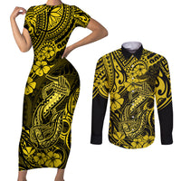 Hawaii Fish Hook Couples Matching Short Sleeve Bodycon Dress and Long Sleeve Button Shirts Hibiscus Hawaii Tribal Tattoo Yellow Version LT01 Yellow - Polynesian Pride