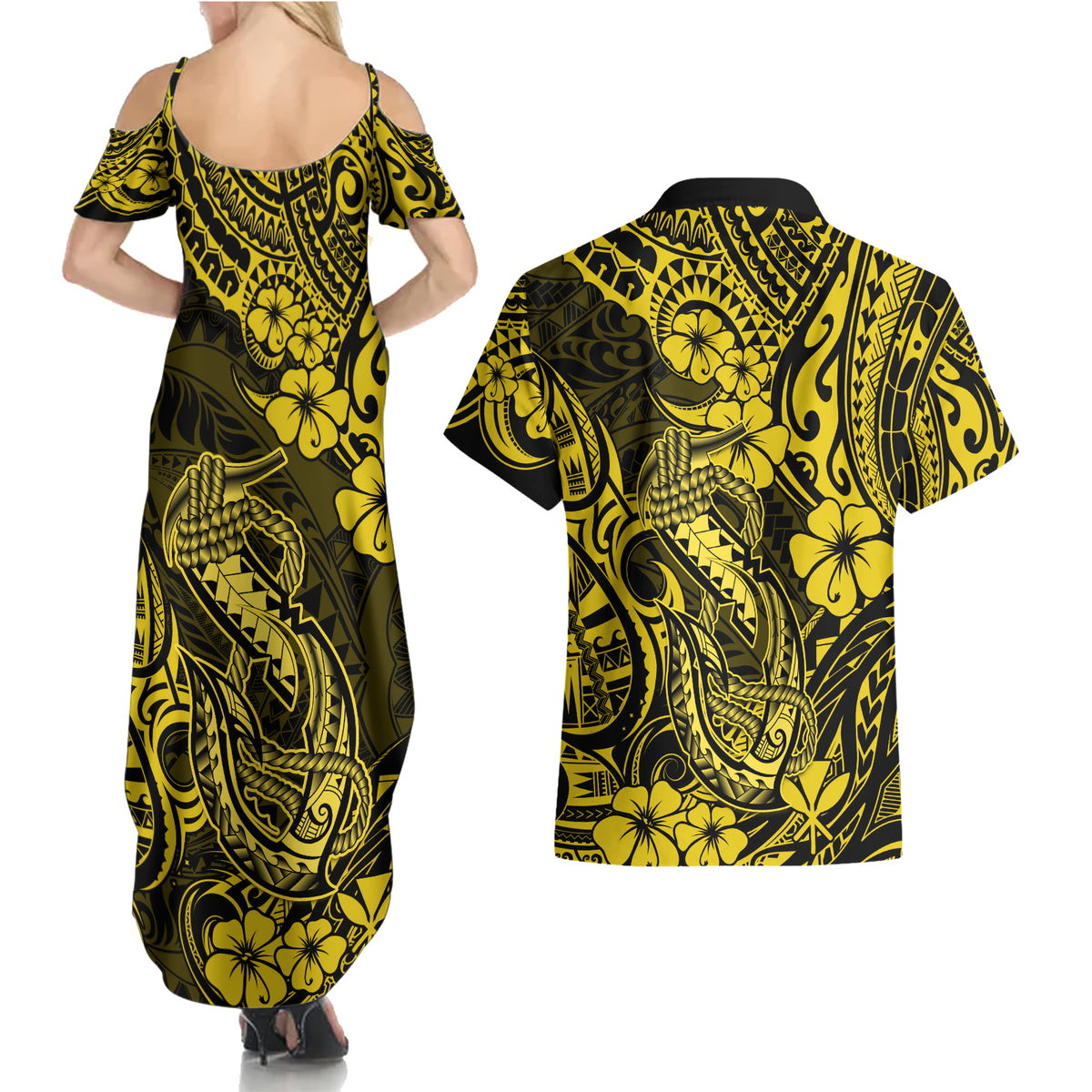 Hawaii Fish Hook Couples Matching Summer Maxi Dress and Hawaiian Shirt Hibiscus Hawaii Tribal Tattoo Yellow Version LT01 - Polynesian Pride