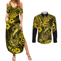 Hawaii Fish Hook Couples Matching Summer Maxi Dress and Long Sleeve Button Shirts Hibiscus Hawaii Tribal Tattoo Yellow Version LT01 Yellow - Polynesian Pride