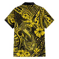 Hawaii Fish Hook Family Matching Long Sleeve Bodycon Dress and Hawaiian Shirt Hibiscus Hawaii Tribal Tattoo Yellow Version LT01 - Polynesian Pride