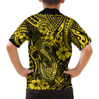 Hawaii Fish Hook Family Matching Short Sleeve Bodycon Dress and Hawaiian Shirt Hibiscus Hawaii Tribal Tattoo Yellow Version LT01 - Polynesian Pride