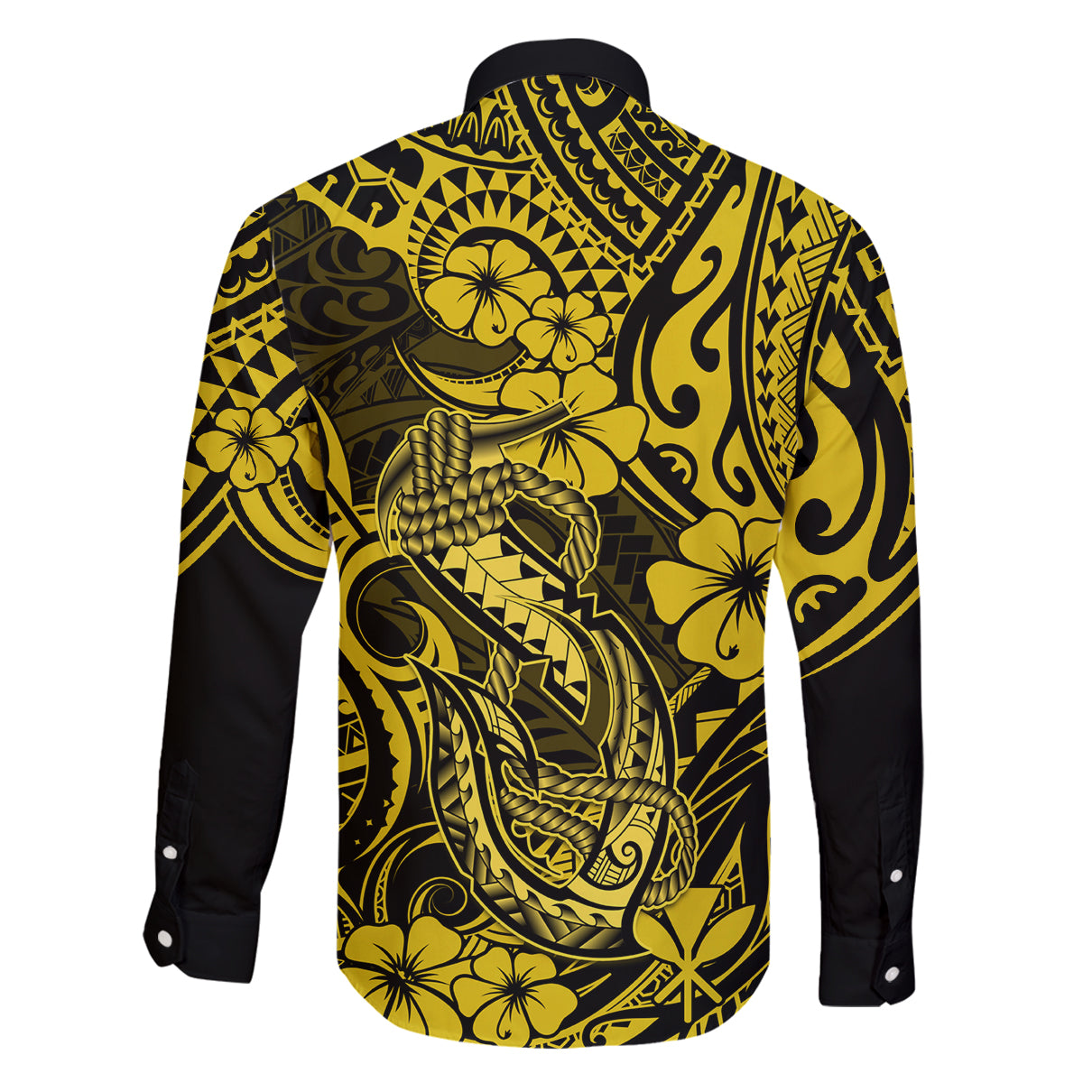 Hawaii Fish Hook Family Matching Summer Maxi Dress and Hawaiian Shirt Hibiscus Hawaii Tribal Tattoo Yellow Version LT01 - Polynesian Pride