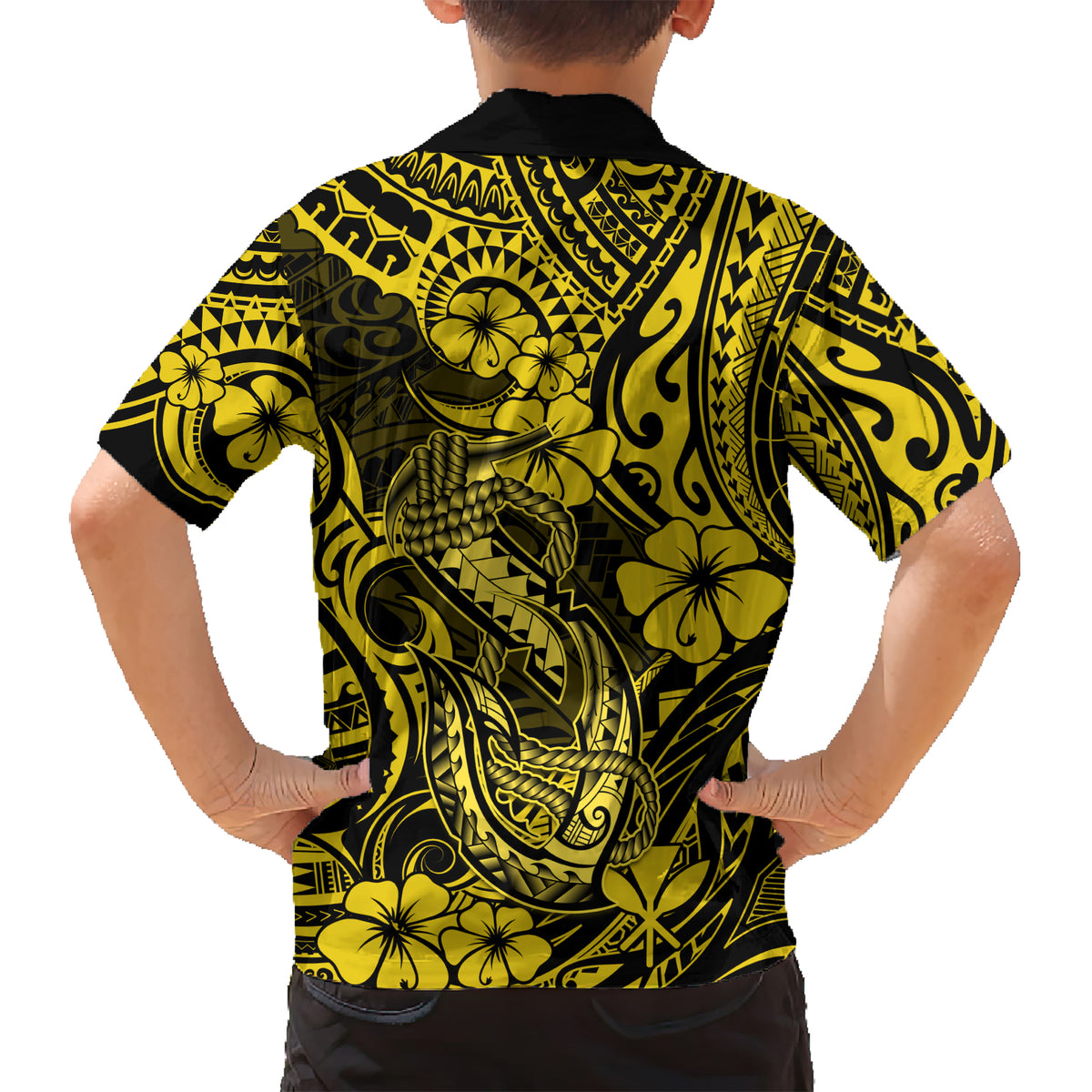 Hawaii Fish Hook Kid Hawaiian Shirt Hibiscus Hawaii Tribal Tattoo Yellow Version LT01 - Polynesian Pride