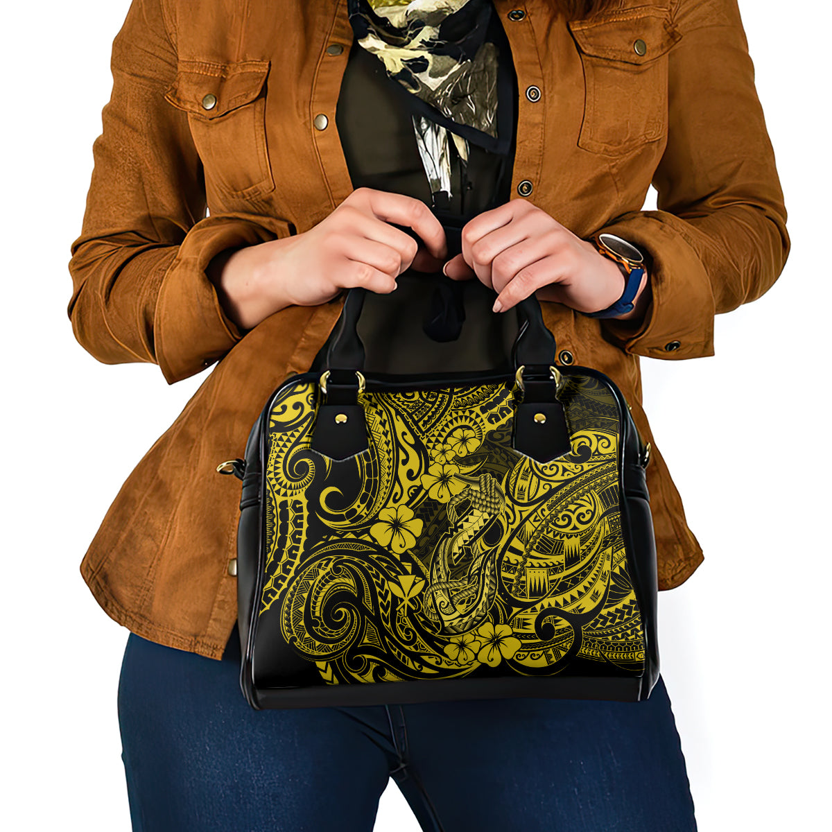 Hawaii Fish Hook Shoulder Handbag Hibiscus Hawaii Tribal Tattoo Yellow Version LT01 - Polynesian Pride