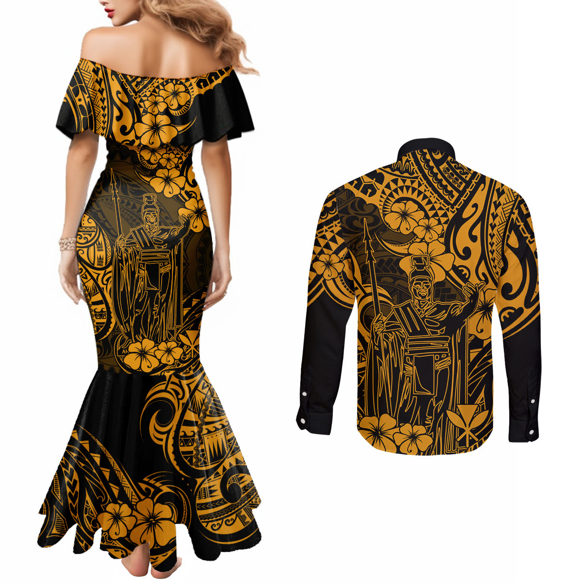 Hawaii King Kamehameha Couples Matching Mermaid Dress and Long Sleeve Button Shirts Polynesian Pattern Gold Version LT01 - Polynesian Pride