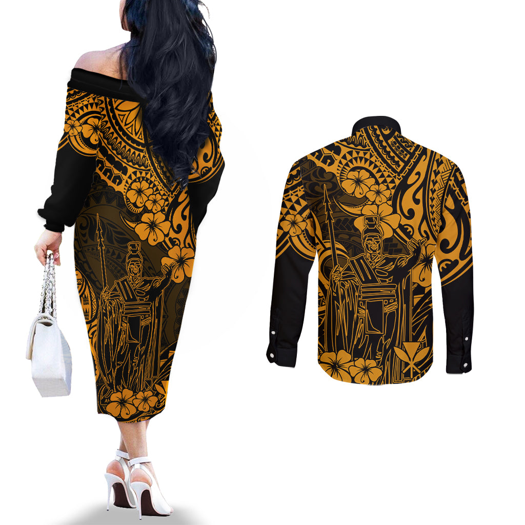Hawaii King Kamehameha Couples Matching Off The Shoulder Long Sleeve Dress and Long Sleeve Button Shirts Polynesian Pattern Gold Version LT01 - Polynesian Pride