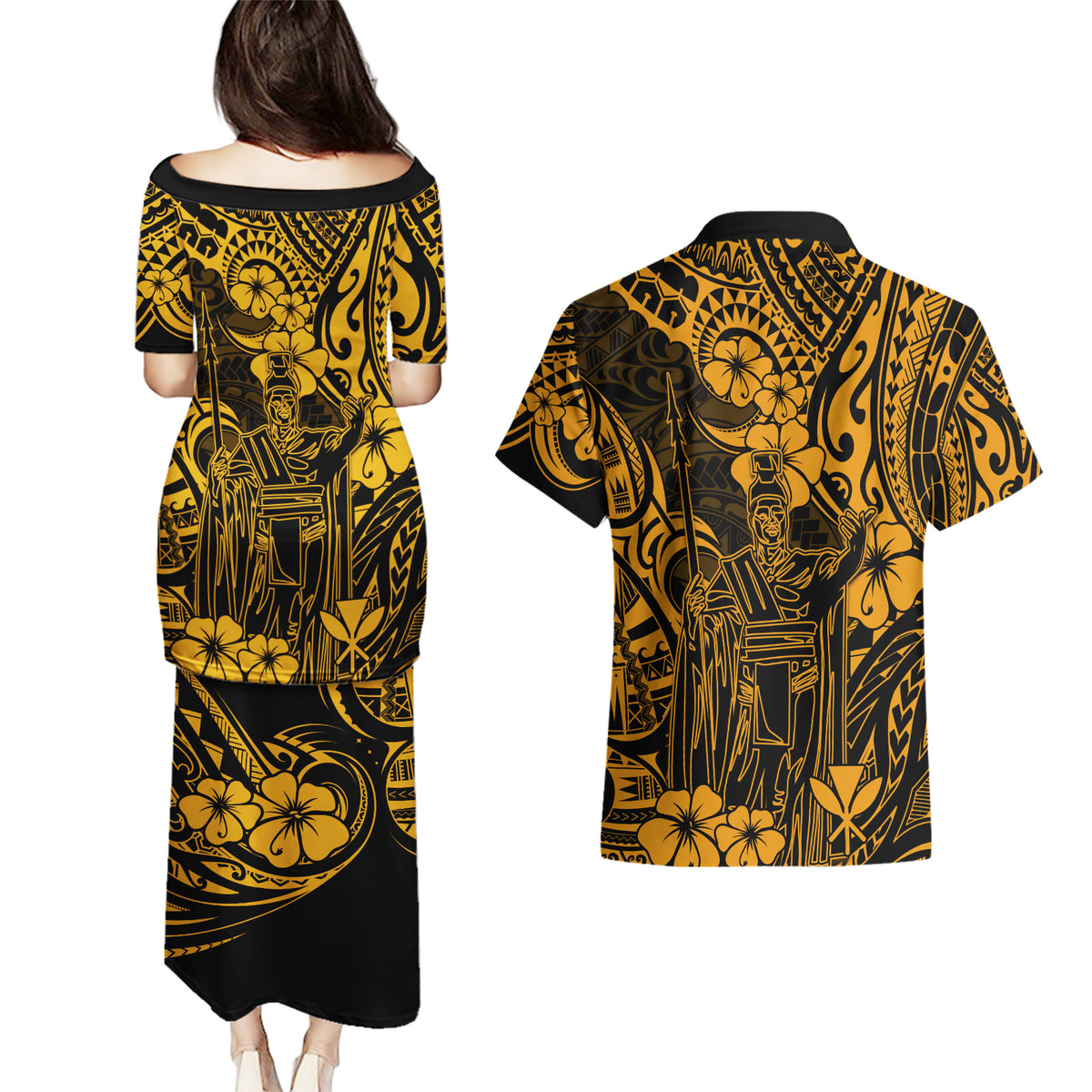 Hawaii King Kamehameha Couples Matching Puletasi Dress and Hawaiian Shirt Polynesian Pattern Gold Version LT01 - Polynesian Pride