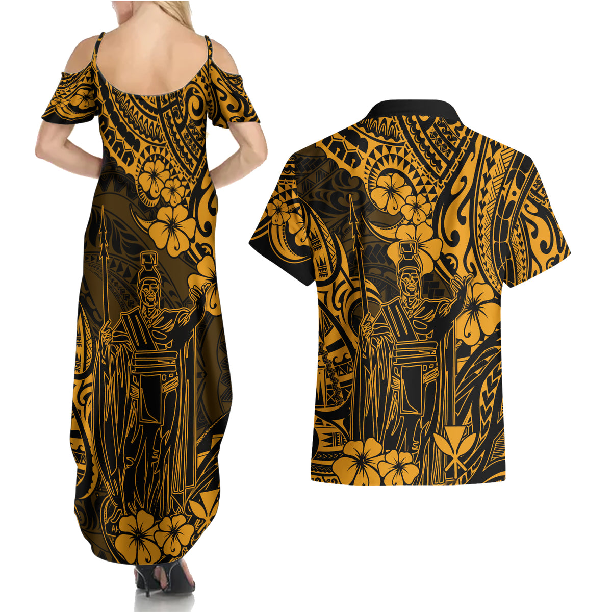 Hawaii King Kamehameha Couples Matching Summer Maxi Dress and Hawaiian Shirt Polynesian Pattern Gold Version LT01 - Polynesian Pride