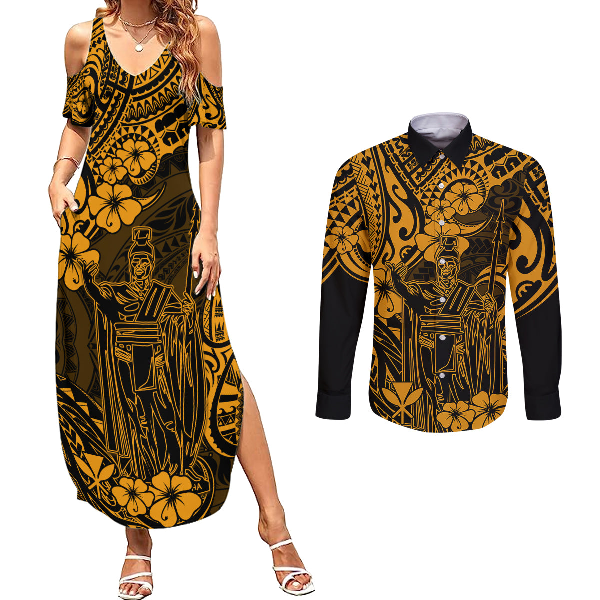 Hawaii King Kamehameha Couples Matching Summer Maxi Dress and Long Sleeve Button Shirts Polynesian Pattern Gold Version LT01 Gold - Polynesian Pride