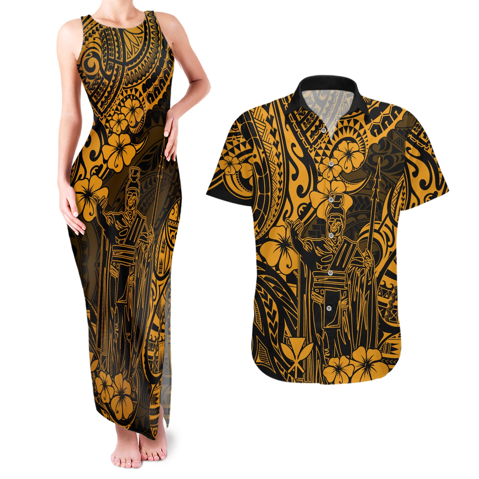 Hawaii King Kamehameha Couples Matching Tank Maxi Dress and Hawaiian Shirt Polynesian Pattern Gold Version LT01 Gold - Polynesian Pride