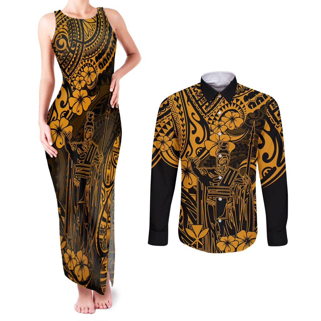 Hawaii King Kamehameha Couples Matching Tank Maxi Dress and Long Sleeve Button Shirts Polynesian Pattern Gold Version LT01 Gold - Polynesian Pride