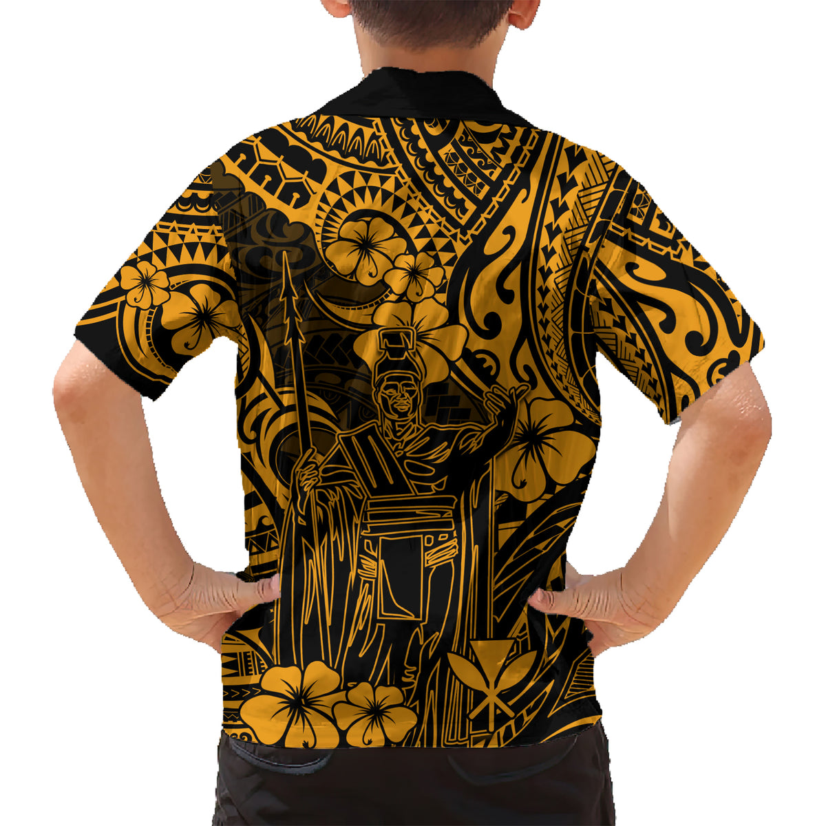 Hawaii King Kamehameha Family Matching Short Sleeve Bodycon Dress and Hawaiian Shirt Polynesian Pattern Gold Version LT01 - Polynesian Pride