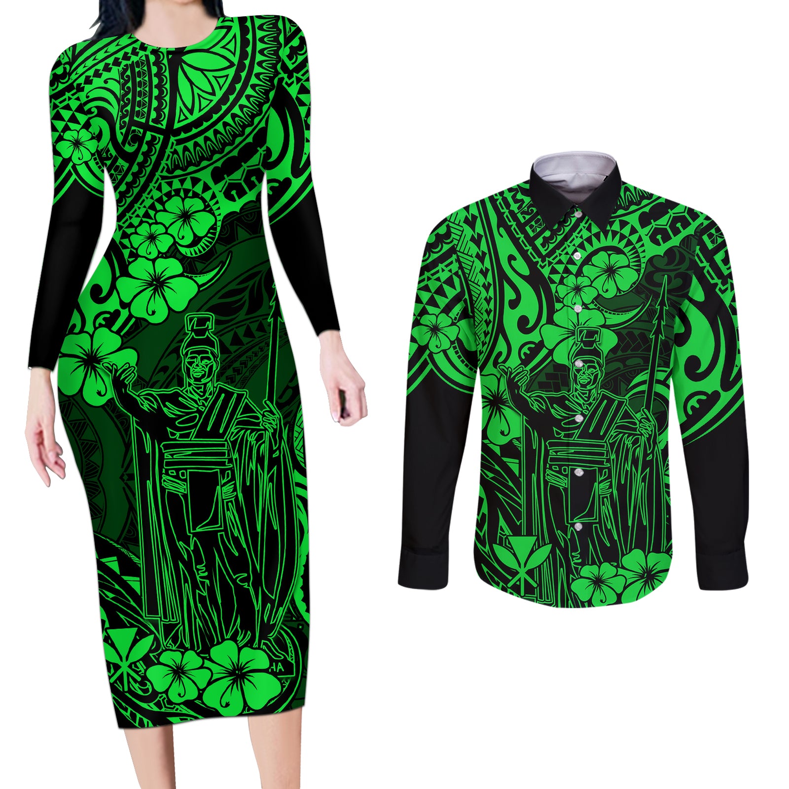 Hawaii King Kamehameha Couples Matching Long Sleeve Bodycon Dress and Long Sleeve Button Shirts Polynesian Pattern Green Version LT01 Green - Polynesian Pride
