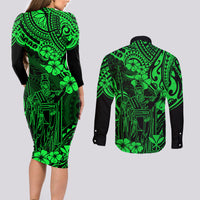 Hawaii King Kamehameha Couples Matching Long Sleeve Bodycon Dress and Long Sleeve Button Shirts Polynesian Pattern Green Version LT01 - Polynesian Pride