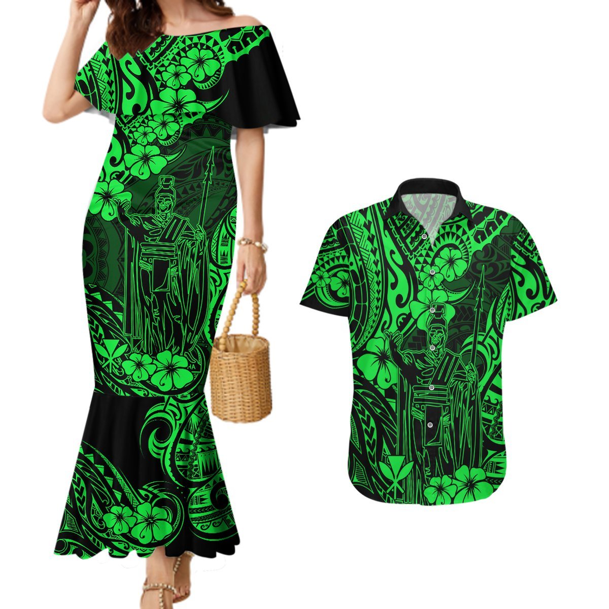Hawaii King Kamehameha Couples Matching Mermaid Dress and Hawaiian Shirt Polynesian Pattern Green Version LT01 - Polynesian Pride