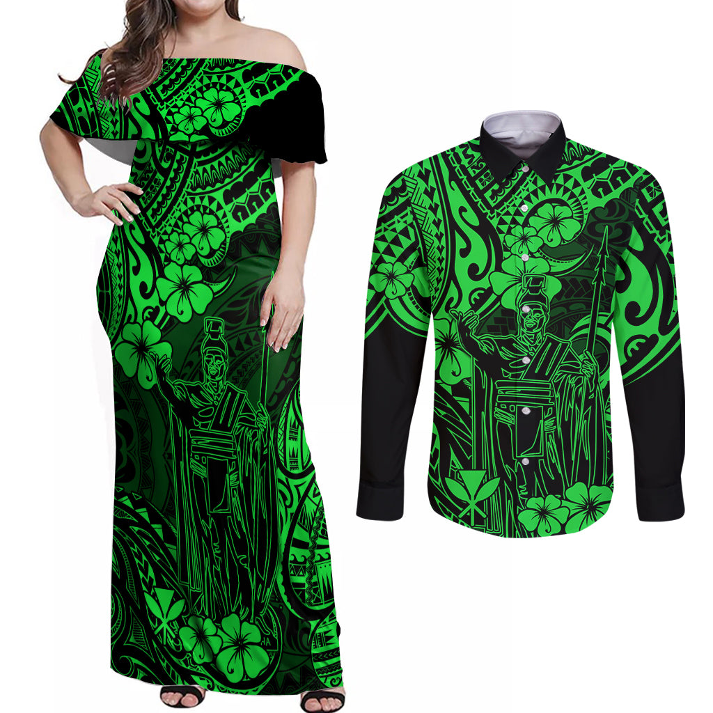 Hawaii King Kamehameha Couples Matching Off Shoulder Maxi Dress and Long Sleeve Button Shirts Polynesian Pattern Green Version LT01 Green - Polynesian Pride