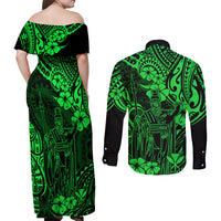 Hawaii King Kamehameha Couples Matching Off Shoulder Maxi Dress and Long Sleeve Button Shirts Polynesian Pattern Green Version LT01 - Polynesian Pride