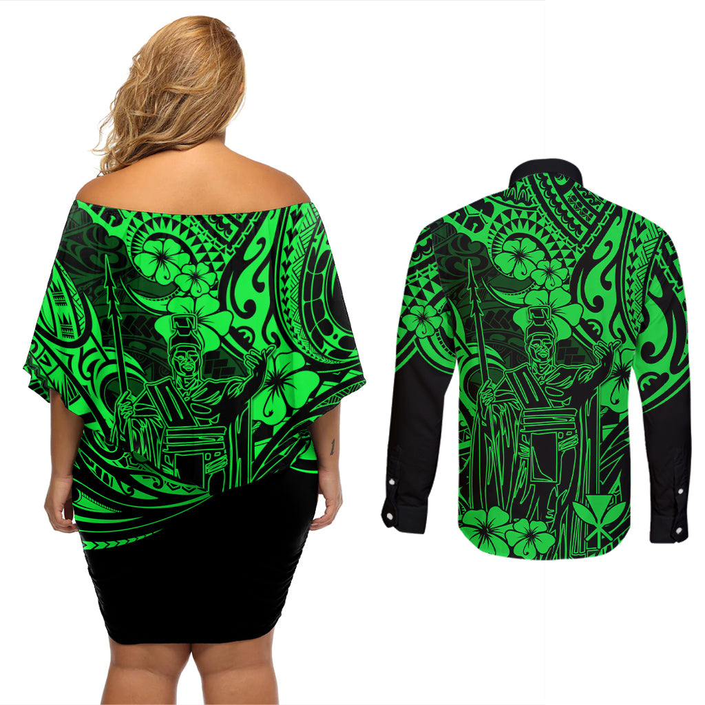 Hawaii King Kamehameha Couples Matching Off Shoulder Short Dress and Long Sleeve Button Shirts Polynesian Pattern Green Version LT01 - Polynesian Pride
