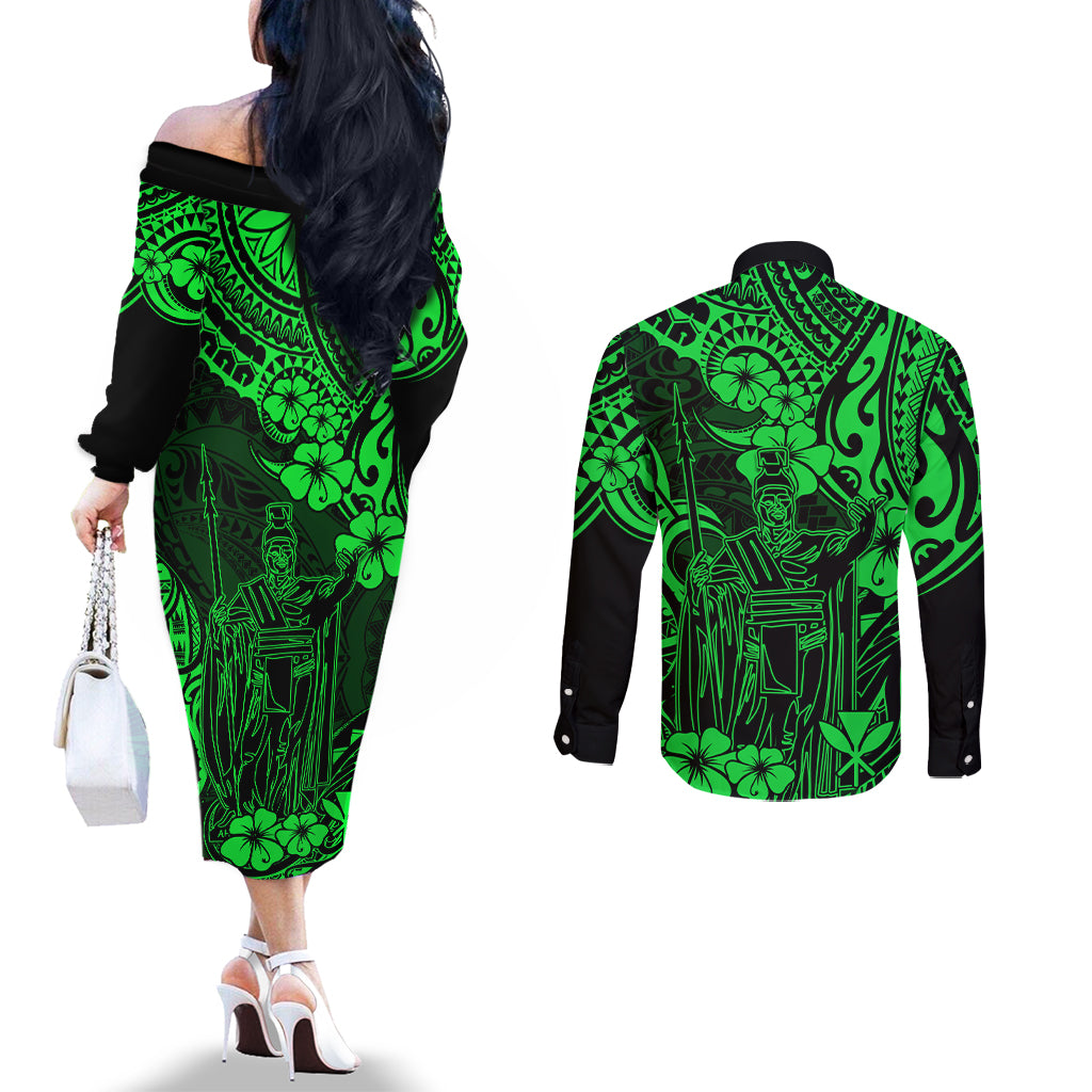 Hawaii King Kamehameha Couples Matching Off The Shoulder Long Sleeve Dress and Long Sleeve Button Shirts Polynesian Pattern Green Version LT01 - Polynesian Pride