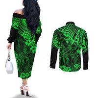 Hawaii King Kamehameha Couples Matching Off The Shoulder Long Sleeve Dress and Long Sleeve Button Shirts Polynesian Pattern Green Version LT01 - Polynesian Pride