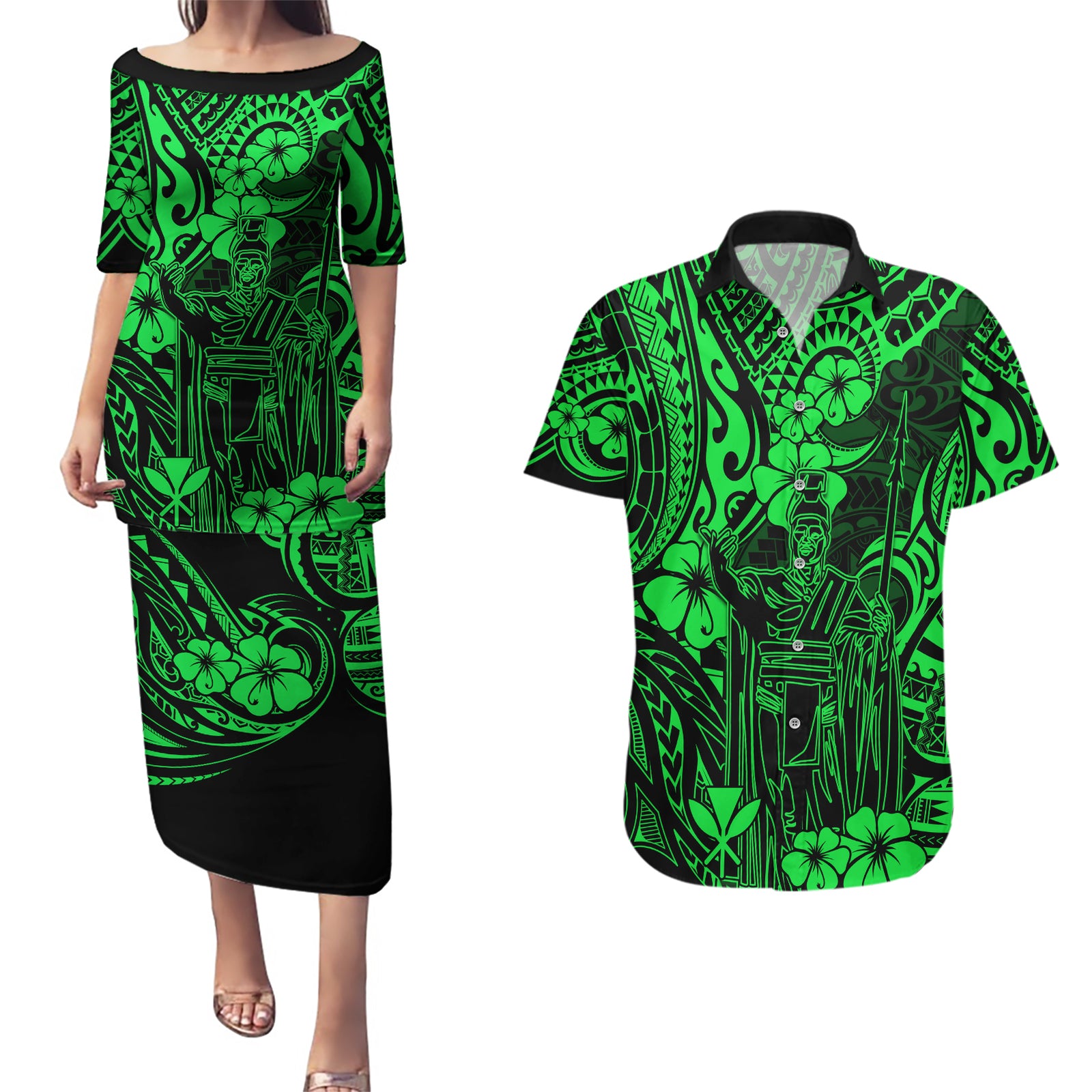 Hawaii King Kamehameha Couples Matching Puletasi Dress and Hawaiian Shirt Polynesian Pattern Green Version LT01 Green - Polynesian Pride