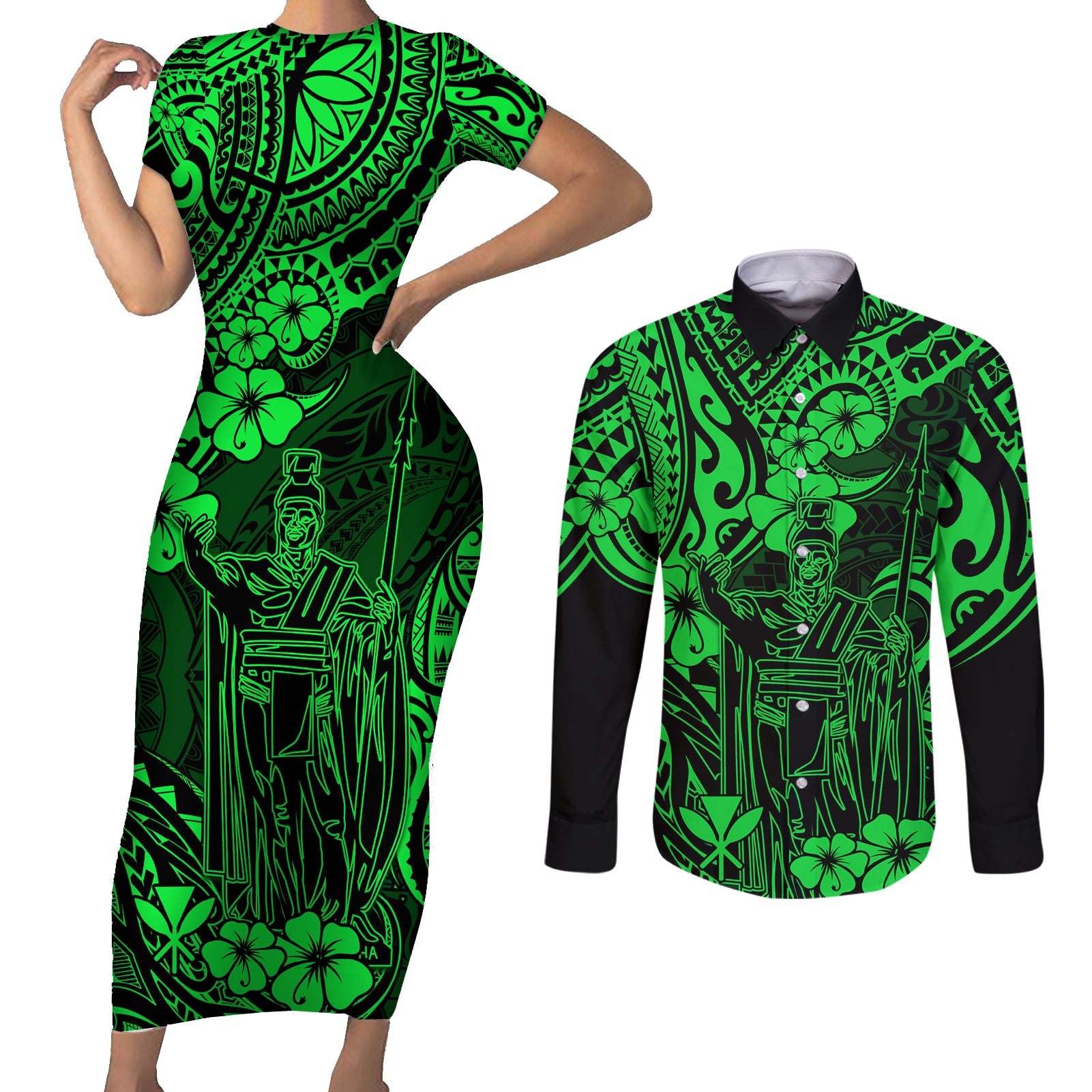 Hawaii King Kamehameha Couples Matching Short Sleeve Bodycon Dress and Long Sleeve Button Shirts Polynesian Pattern Green Version LT01 Green - Polynesian Pride