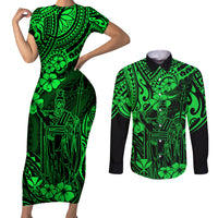 Hawaii King Kamehameha Couples Matching Short Sleeve Bodycon Dress and Long Sleeve Button Shirts Polynesian Pattern Green Version LT01 Green - Polynesian Pride