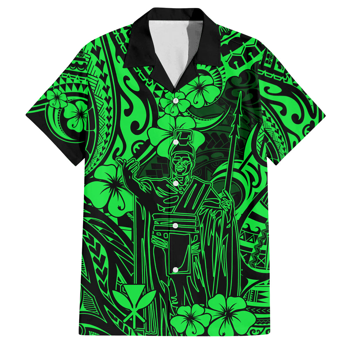 Hawaii King Kamehameha Family Matching Off Shoulder Long Sleeve Dress and Hawaiian Shirt Polynesian Pattern Green Version LT01 Dad's Shirt - Short Sleeve Green - Polynesian Pride