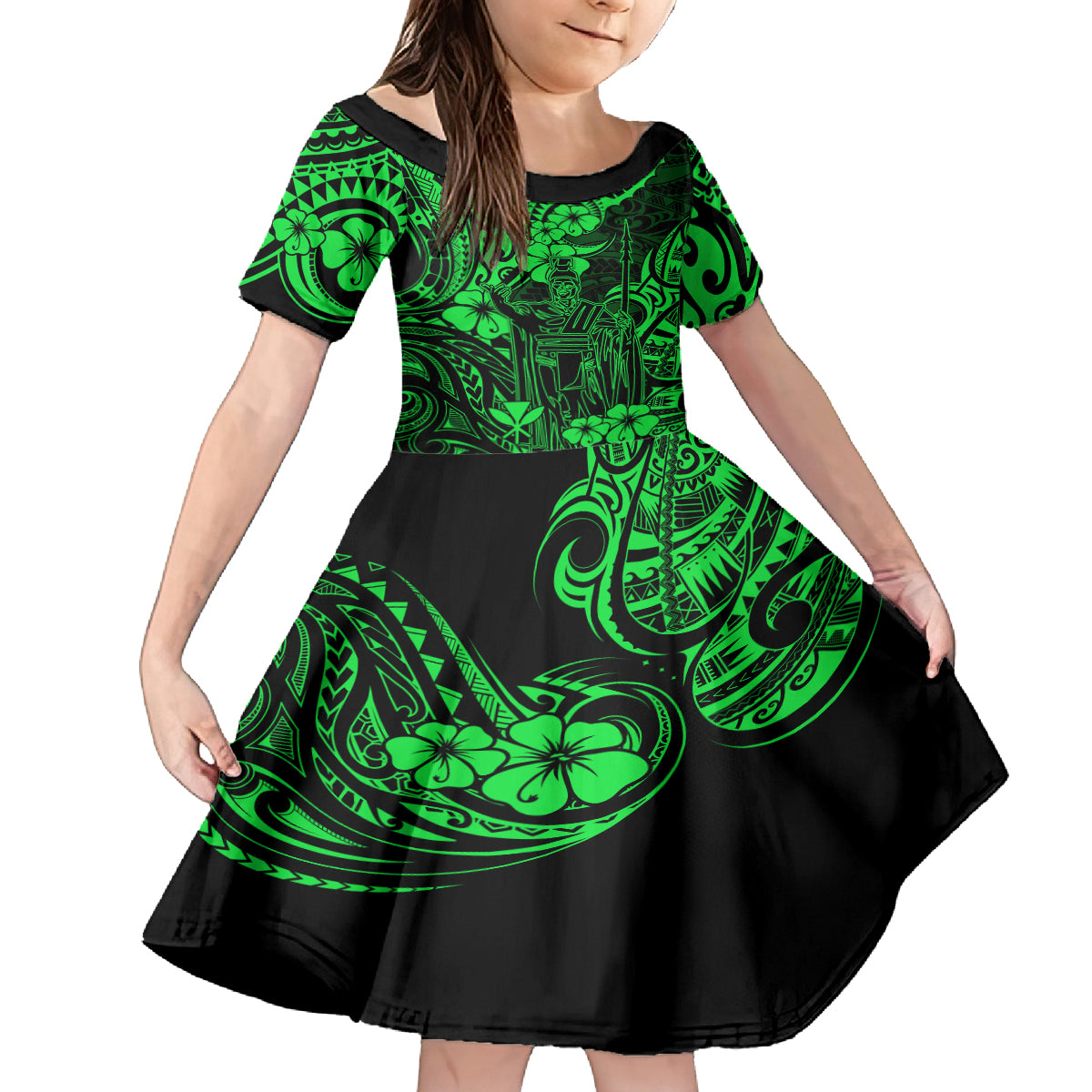 Hawaii King Kamehameha Family Matching Off Shoulder Maxi Dress and Hawaiian Shirt Polynesian Pattern Green Version LT01 Daughter's Dress Green - Polynesian Pride
