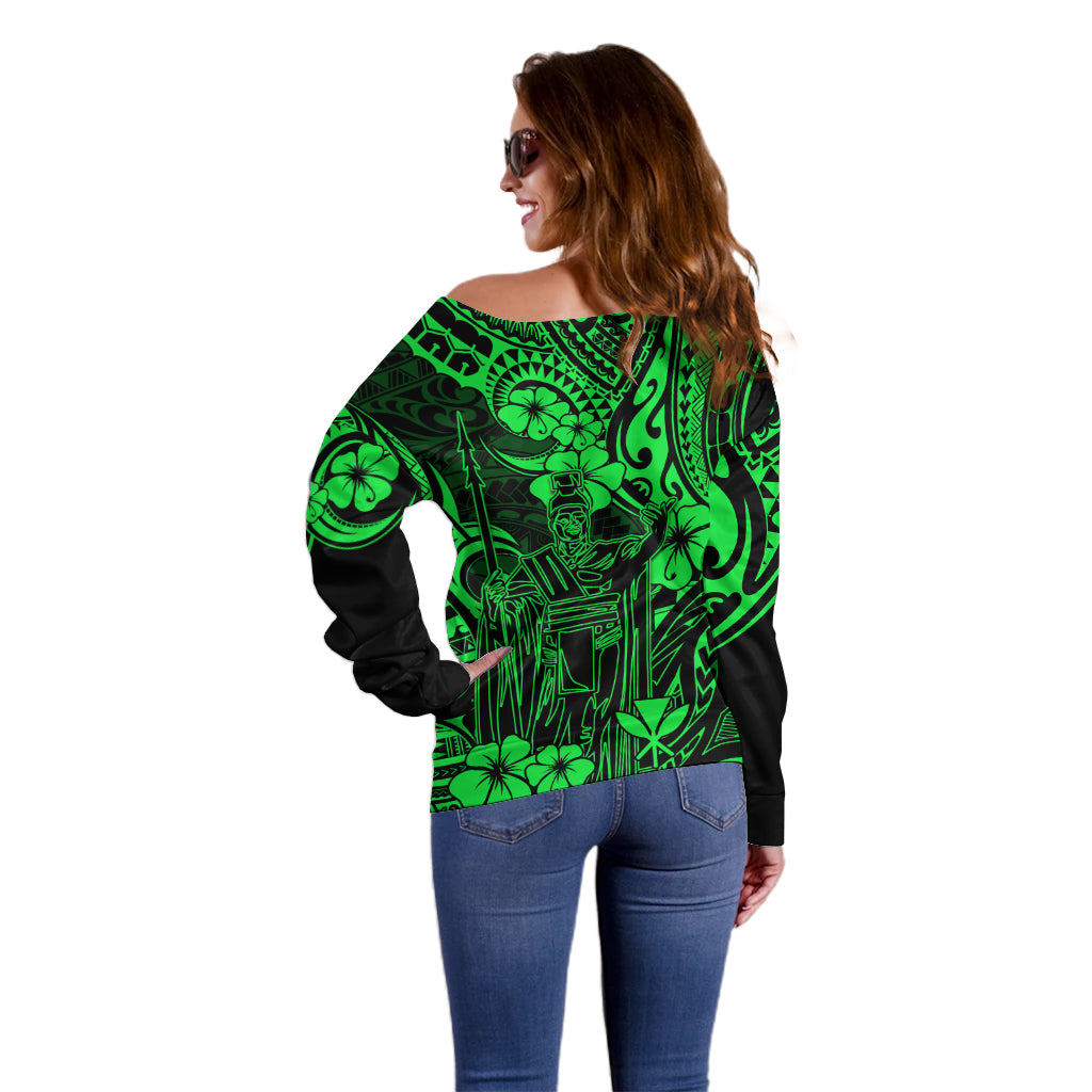 Hawaii King Kamehameha Off Shoulder Sweater Polynesian Pattern Green Version LT01 - Polynesian Pride