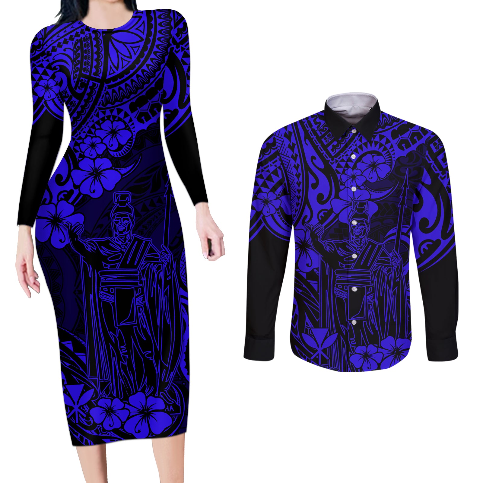 Hawaii King Kamehameha Couples Matching Long Sleeve Bodycon Dress and Long Sleeve Button Shirts Polynesian Pattern Navy Blue Version LT01 Blue - Polynesian Pride