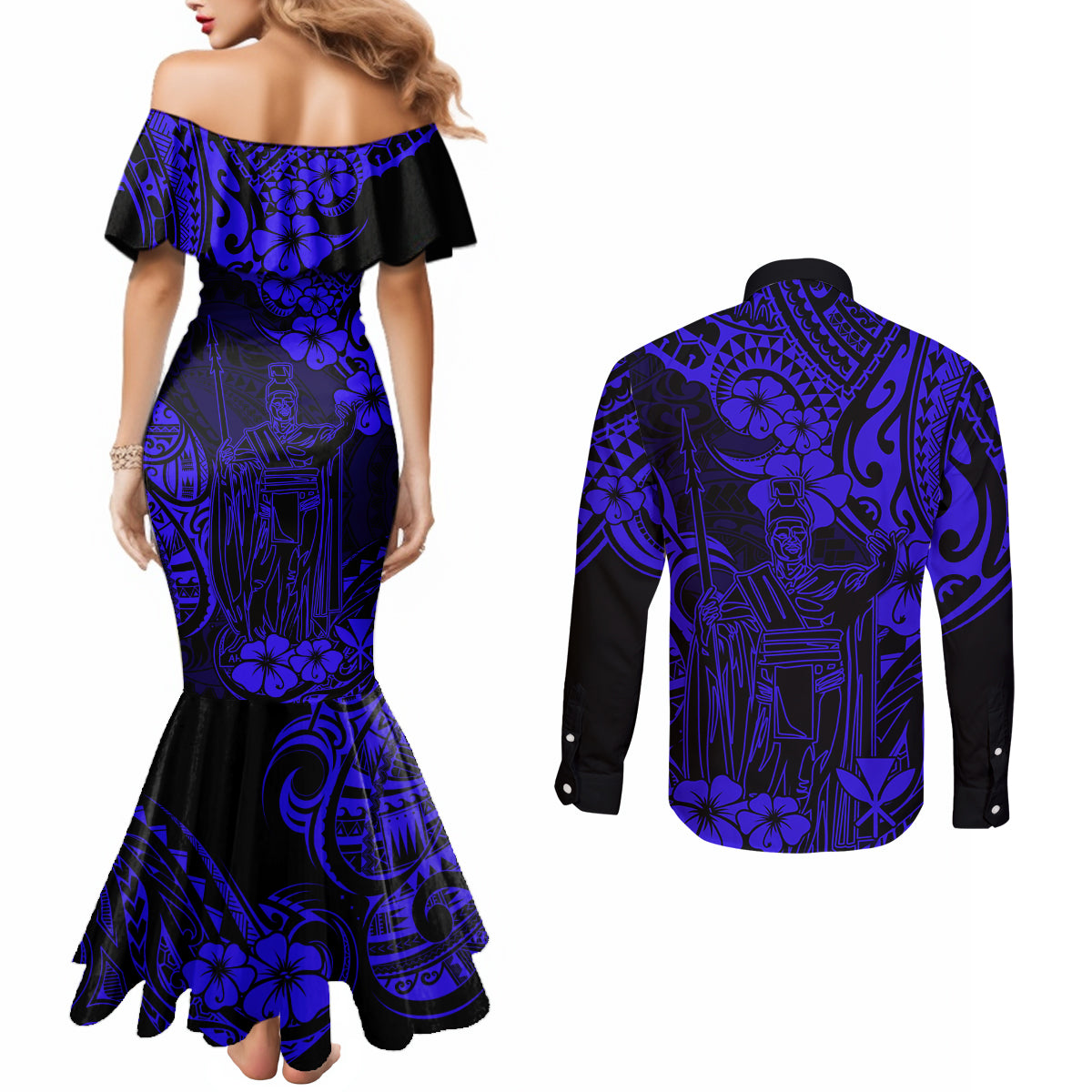 Hawaii King Kamehameha Couples Matching Mermaid Dress and Long Sleeve Button Shirts Polynesian Pattern Navy Blue Version LT01 - Polynesian Pride
