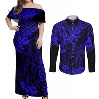 Hawaii King Kamehameha Couples Matching Off Shoulder Maxi Dress and Long Sleeve Button Shirts Polynesian Pattern Navy Blue Version LT01 Blue - Polynesian Pride