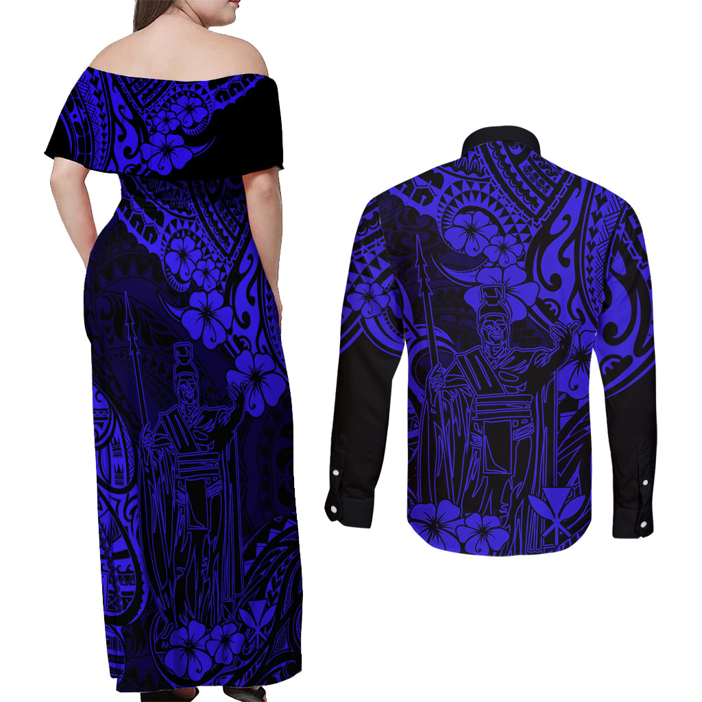 Hawaii King Kamehameha Couples Matching Off Shoulder Maxi Dress and Long Sleeve Button Shirts Polynesian Pattern Navy Blue Version LT01 - Polynesian Pride