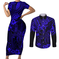 Hawaii King Kamehameha Couples Matching Short Sleeve Bodycon Dress and Long Sleeve Button Shirts Polynesian Pattern Navy Blue Version LT01 Blue - Polynesian Pride