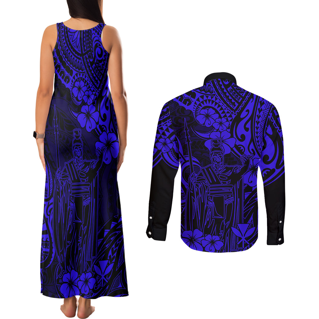 Hawaii King Kamehameha Couples Matching Tank Maxi Dress and Long Sleeve Button Shirts Polynesian Pattern Navy Blue Version LT01 - Polynesian Pride