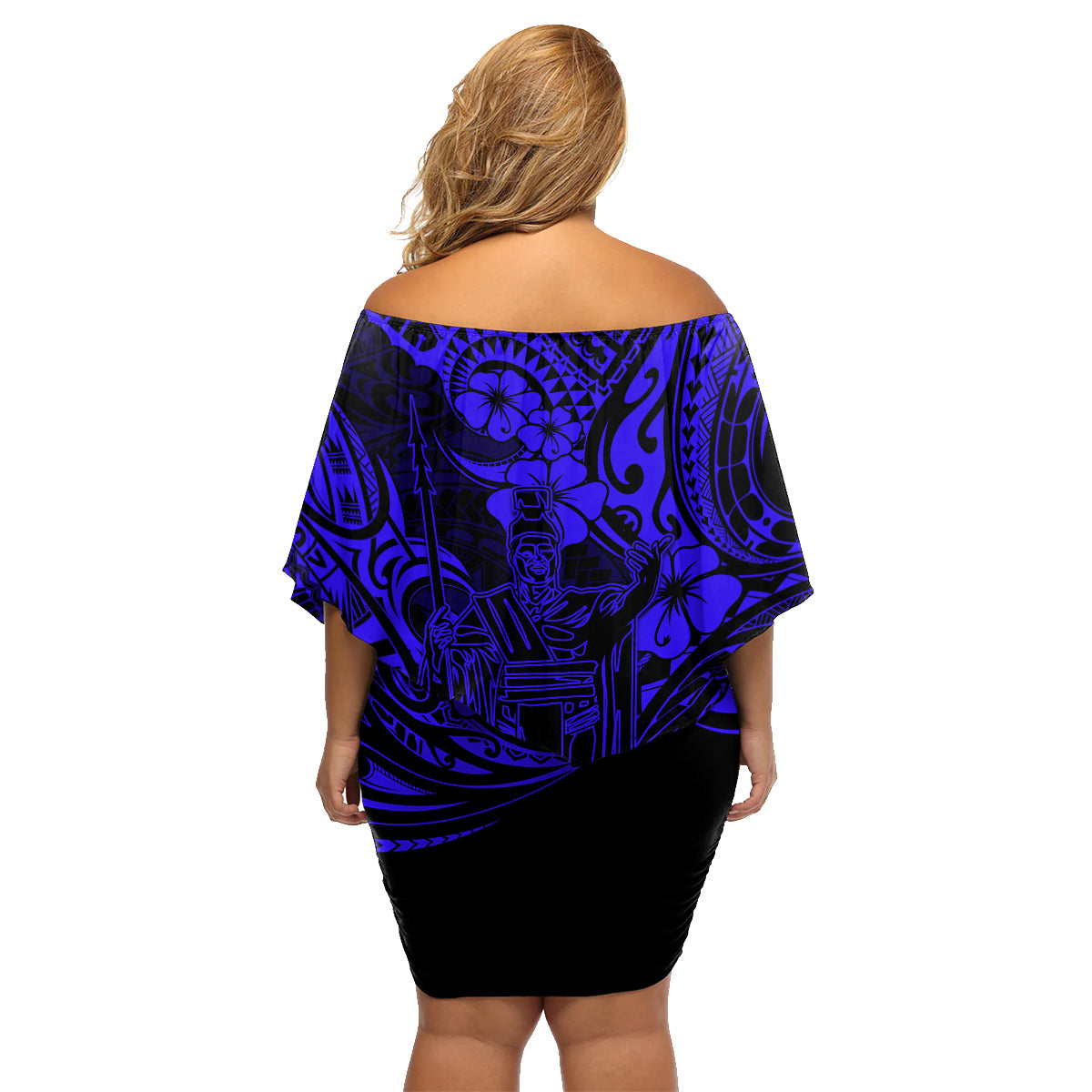 Hawaii King Kamehameha Family Matching Off Shoulder Short Dress and Hawaiian Shirt Polynesian Pattern Navy Blue Version LT01 - Polynesian Pride