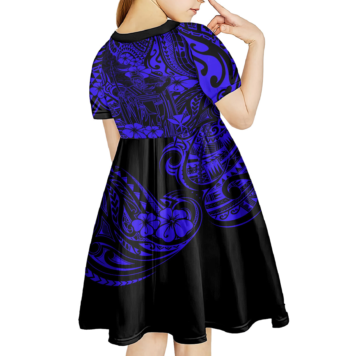 Hawaii King Kamehameha Kid Short Sleeve Dress Polynesian Pattern Navy Blue Version LT01 - Polynesian Pride