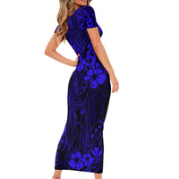 Hawaii King Kamehameha Short Sleeve Bodycon Dress Polynesian Pattern Navy Blue Version LT01 - Polynesian Pride