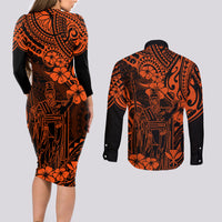 Hawaii King Kamehameha Couples Matching Long Sleeve Bodycon Dress and Long Sleeve Button Shirts Polynesian Pattern Orange Version LT01 - Polynesian Pride