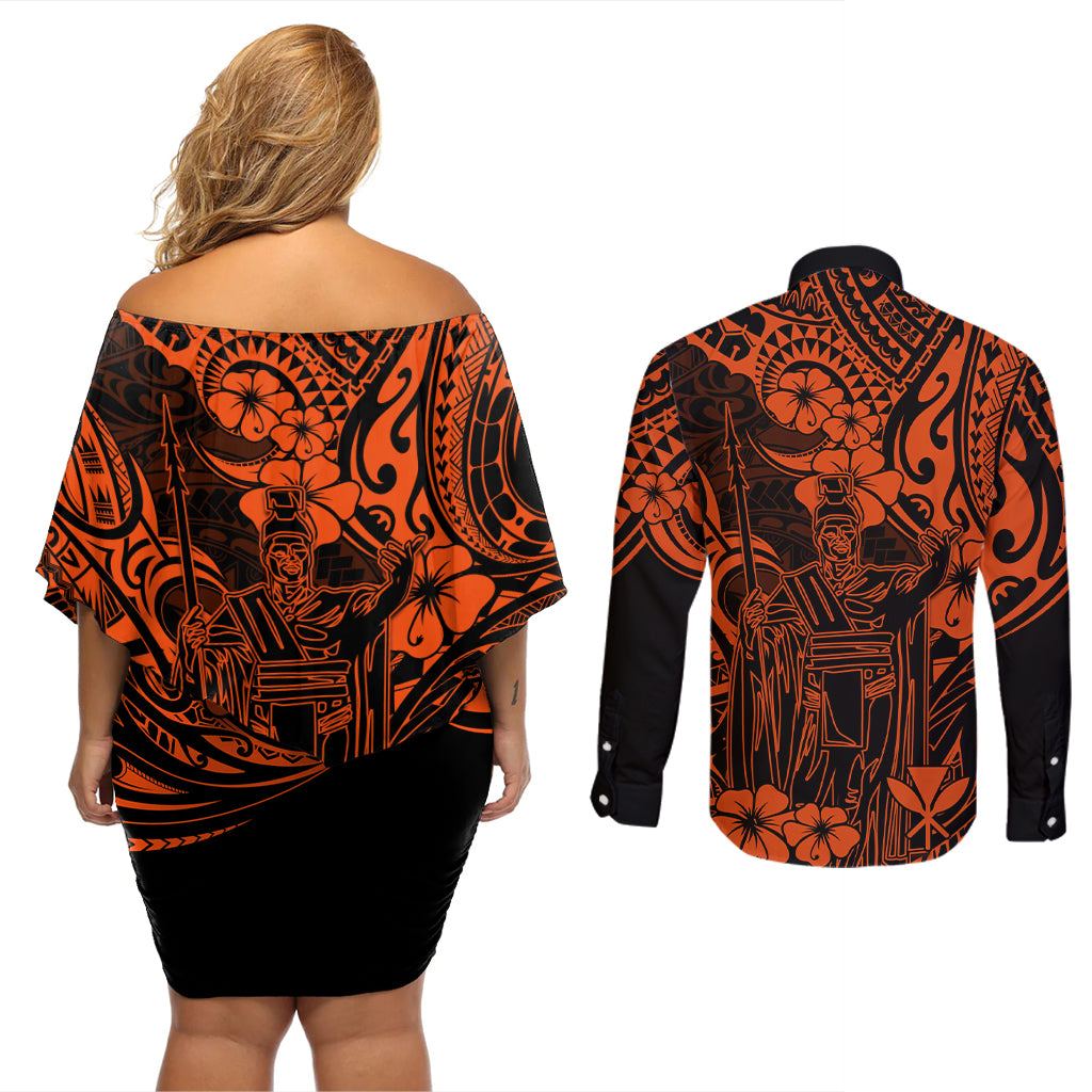 Hawaii King Kamehameha Couples Matching Off Shoulder Short Dress and Long Sleeve Button Shirts Polynesian Pattern Orange Version LT01 - Polynesian Pride