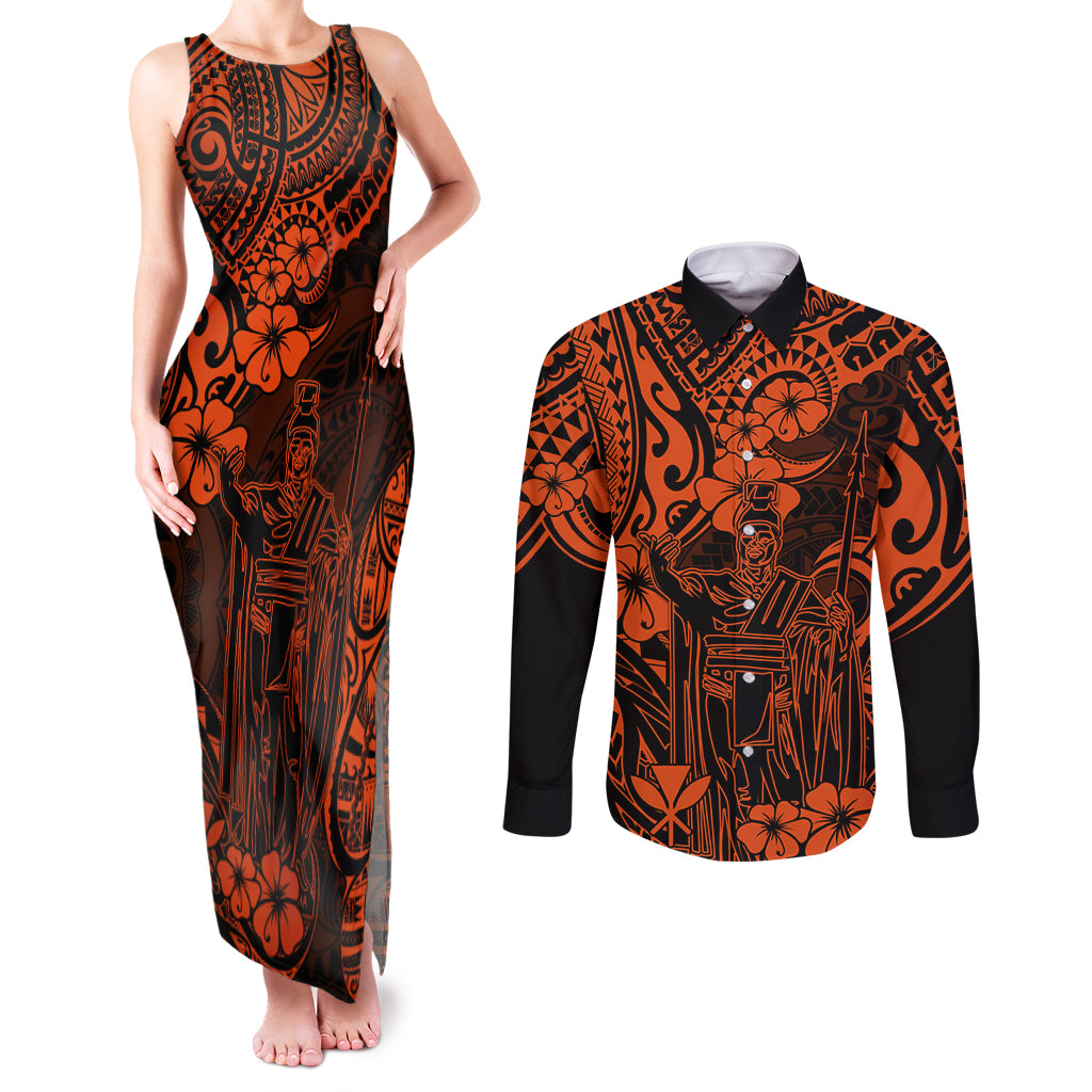Hawaii King Kamehameha Couples Matching Tank Maxi Dress and Long Sleeve Button Shirts Polynesian Pattern Orange Version LT01 Orange - Polynesian Pride